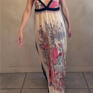 Pink and Blue Plunge Neck Maxi Sundress